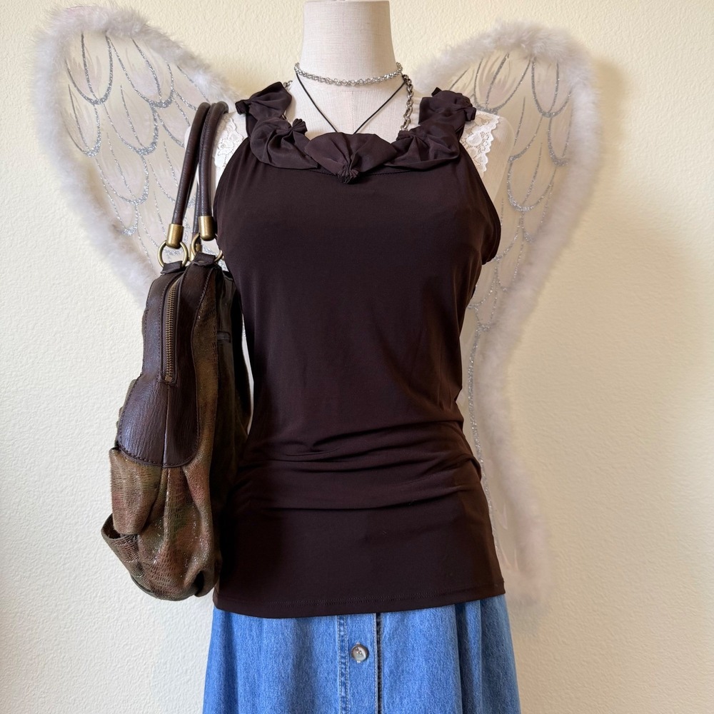 Whimsy Twee Earthy Brown Floral Ruffle Neck Tank‎ Top Sleeveless Mori Girl Cute